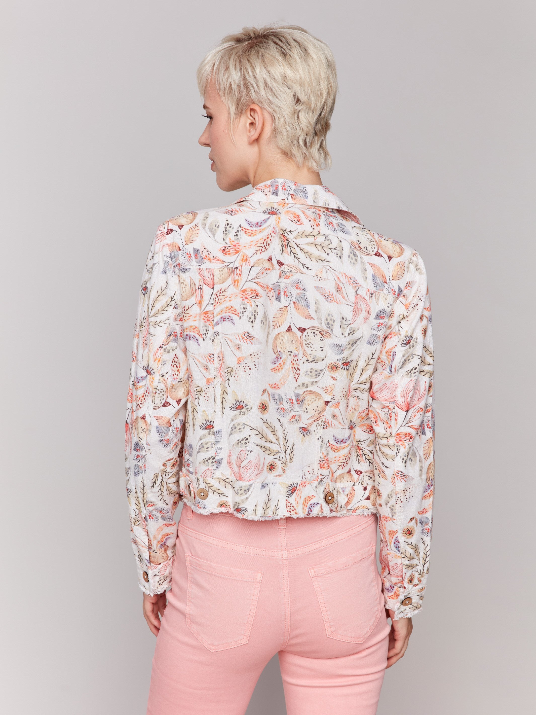 Frayed edges on a stylish tropical linen-blend jacket by Charlie B.