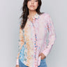 Shirt collar design blouse with vibrant abstract pattern by Charlie B.