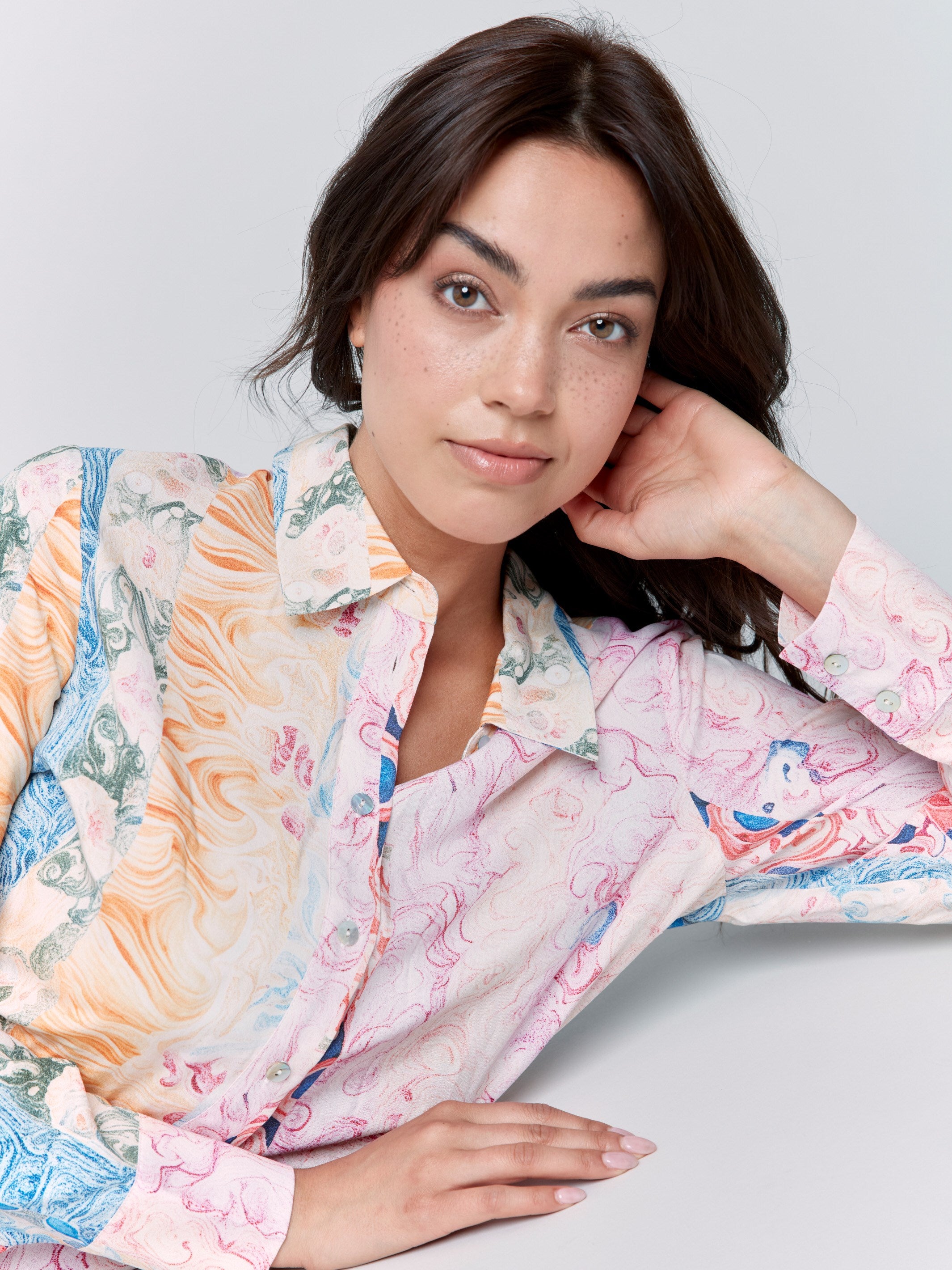 Button-front closure blouse with captivating multicolor print by Charlie B.