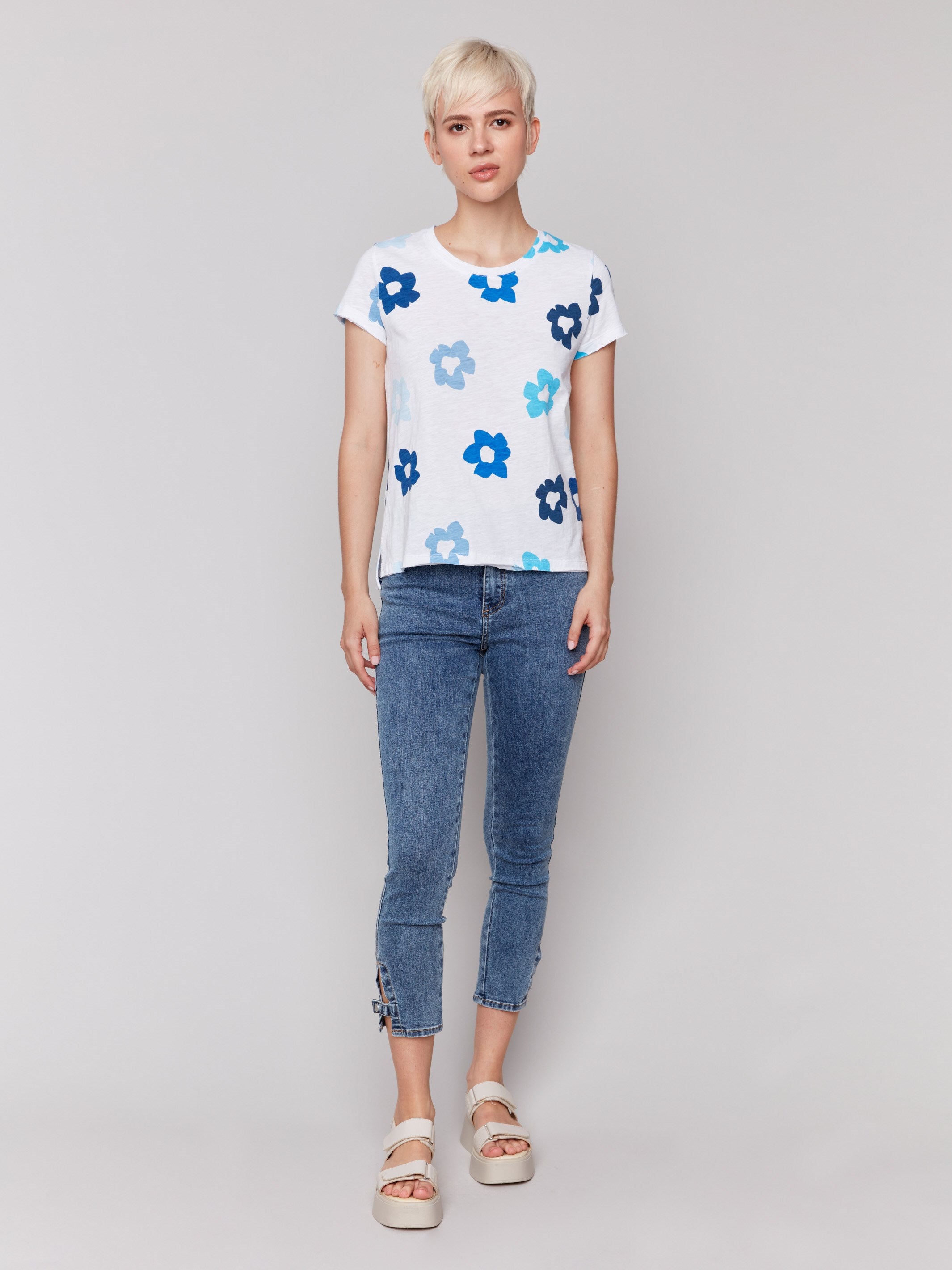 Stylish blue floral pattern on a soft organic cotton shirt by Charlie B.