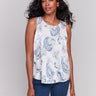 Ivory sleeveless top with a paisley print and keyhole detail at the back, by Charlie B.