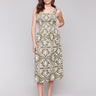 Celadon-green midi dress featuring a graphic pattern, perfect for artistic flair by Charlie B.