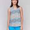 Blue and orange blouse with a V-neck opening by Charlie B.