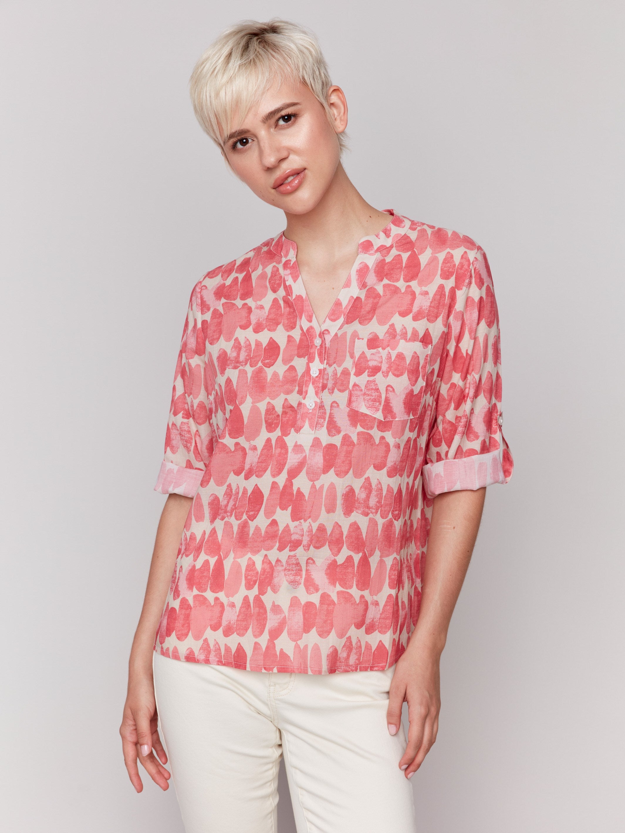 Blouse with mao collar and abstract pattern, featuring a relaxed fit by Charlie B.