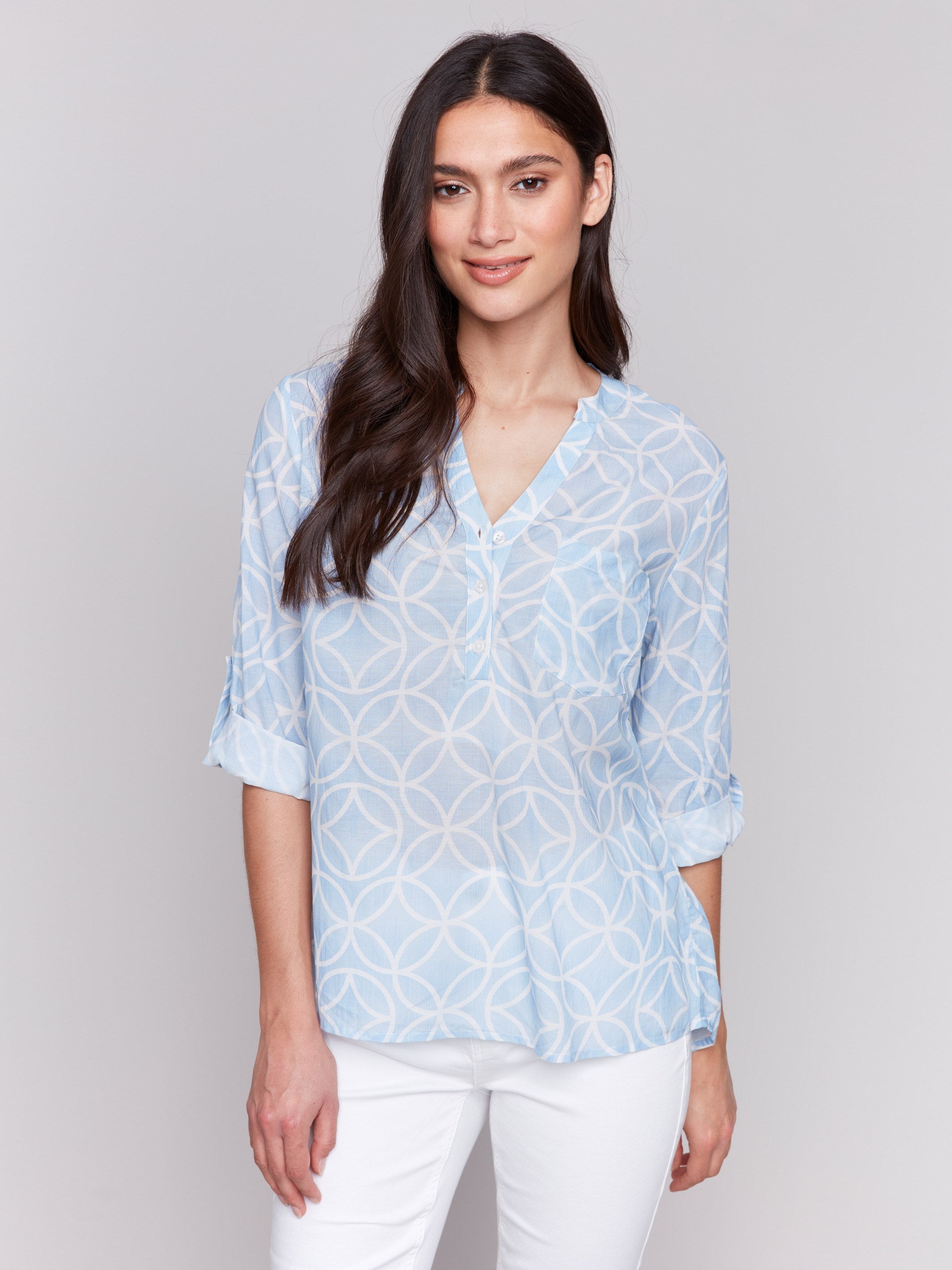 Bluebell blouse with mao collar and relaxed fit, showcasing a geometric pattern by Charlie B.