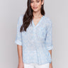 Bluebell blouse with mao collar and relaxed fit, showcasing a geometric pattern by Charlie B.