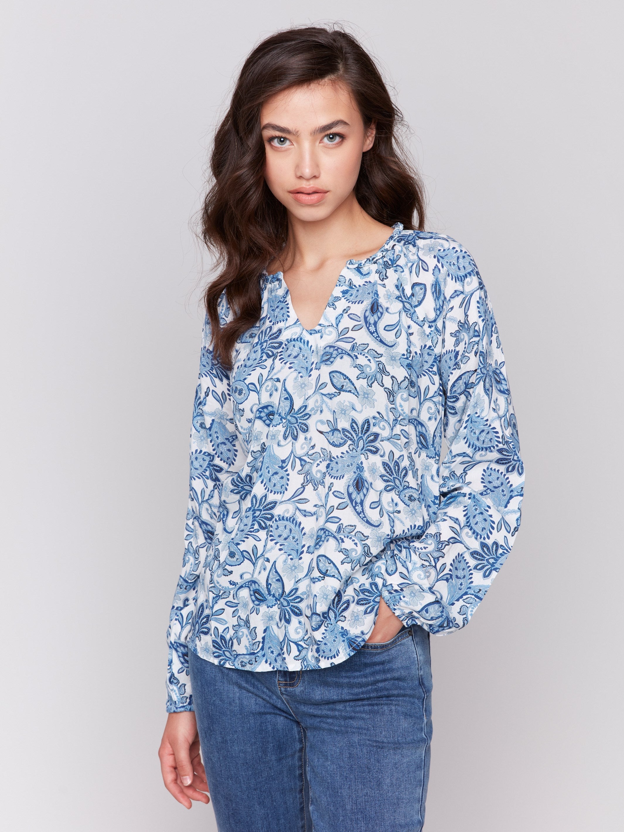 V-neck popover blouse featuring azure paisley by Charlie B.