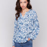 V-neck popover blouse featuring azure paisley by Charlie B.