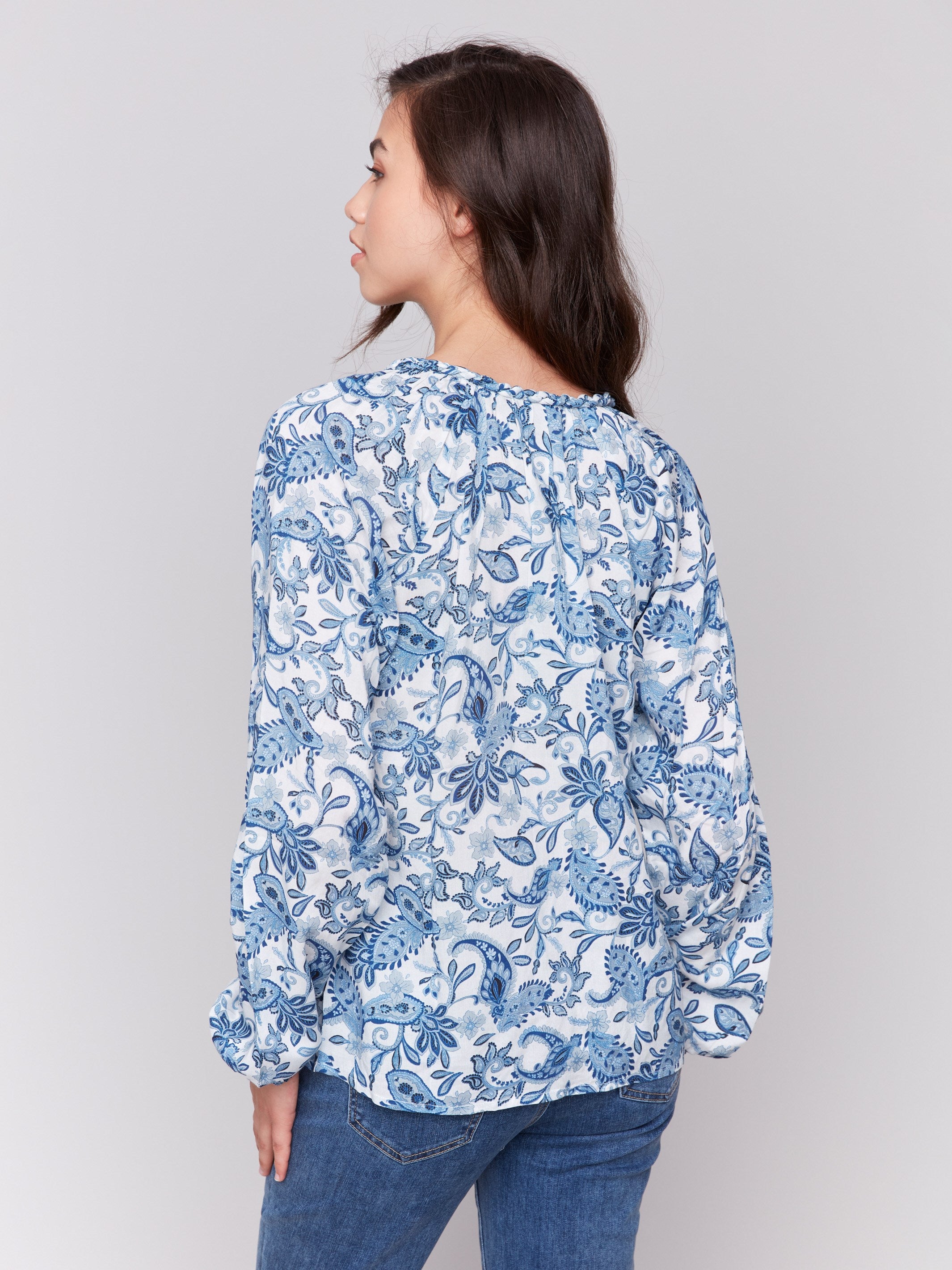 Raglan long sleeve blouse with azure paisley design by Charlie B.