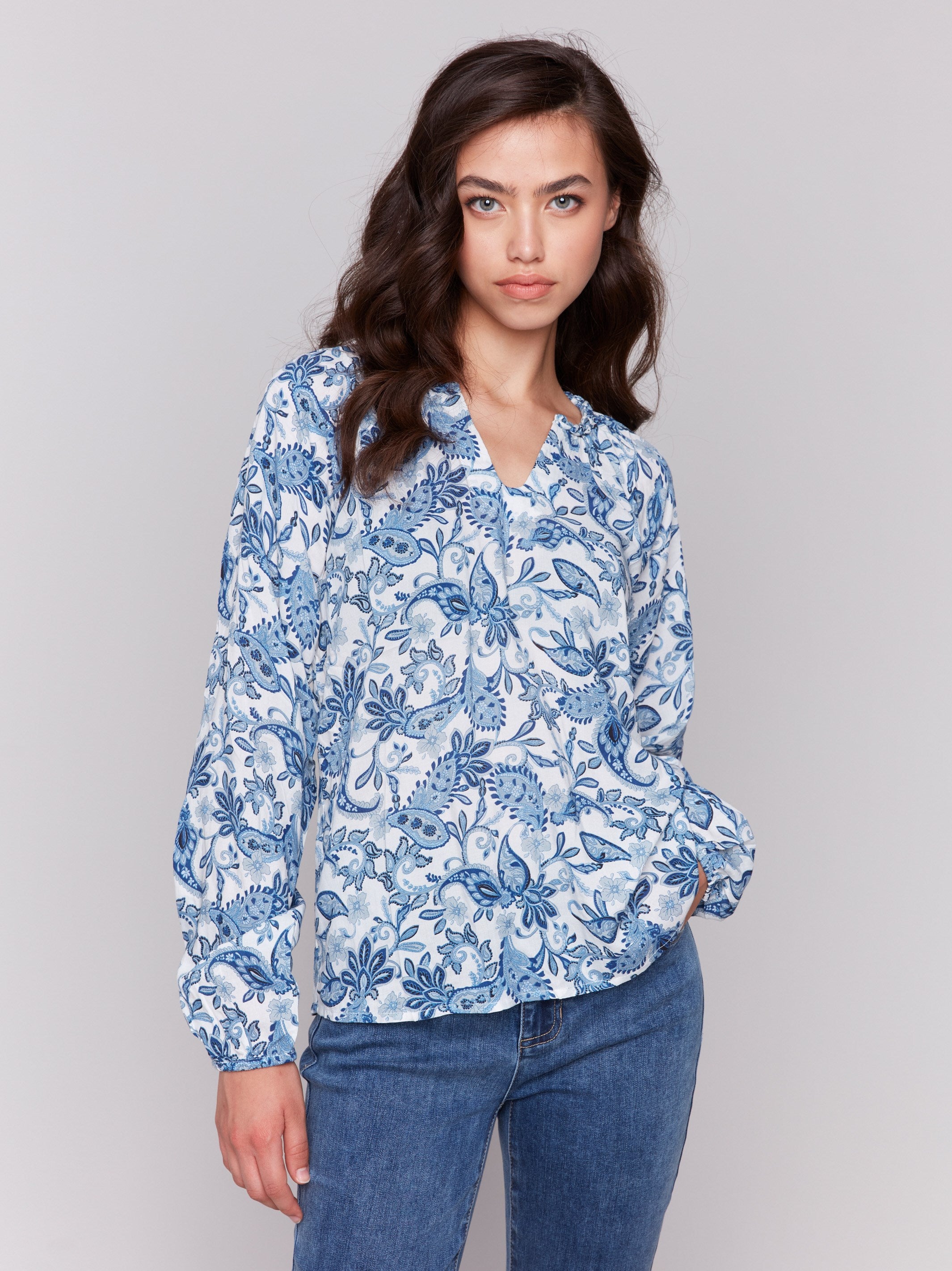 Azure abstract patterned blouse crafted beautifully by Charlie B.