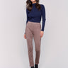 Taupe-colored faux suede pull-on pants with a slim fit silhouette by Charlie B.