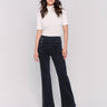 Charcoal black pull-on flare jeans featuring front button details, regular rise, and back pockets by Charlie B.