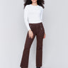 Mocha brown pull-on flare twill pants with front buttons and a flare leg design by Charlie B.