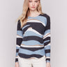 Reversible denim printed plush sweater with frayed edges and boatneck by Charlie B.