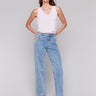 Light blue jeans featuring rhinestones all over with a wide-leg cut by Charlie B.