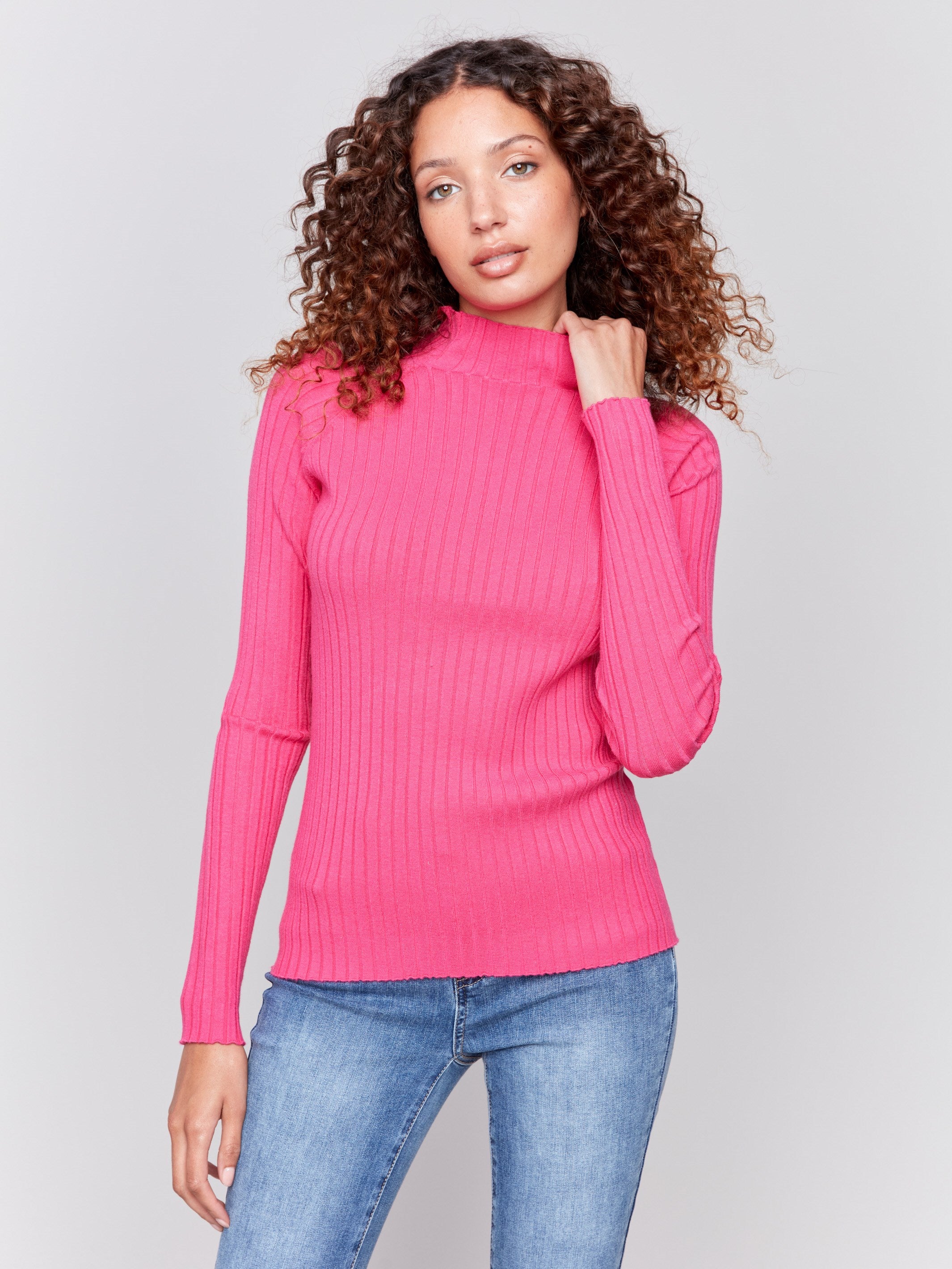 Women s Ribbed Knit Mock Neck Sweater Magenta Charlie B CA