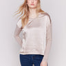 Almond satin and jersey top featuring V-neck design and long sleeves by Charlie B.