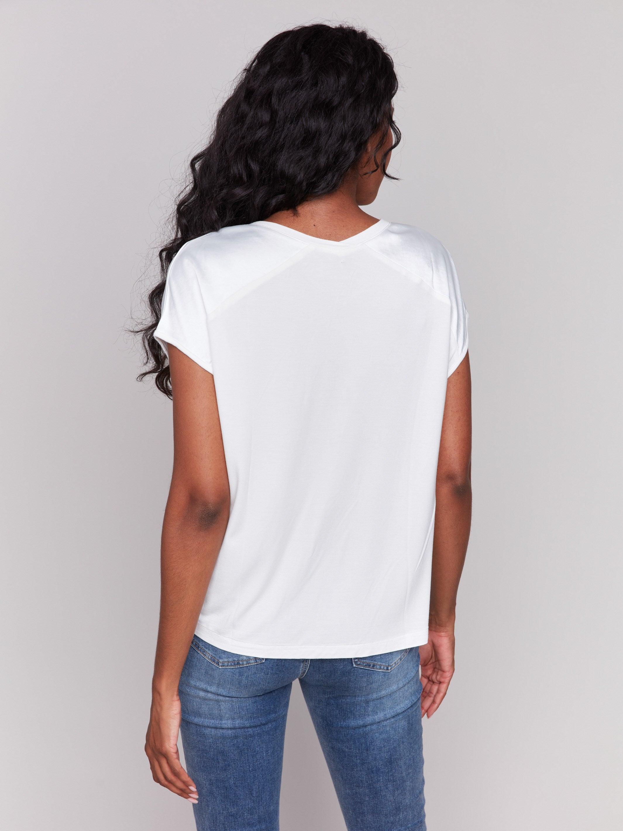 Natural satin V-neck top with dolman sleeves by Charlie B.