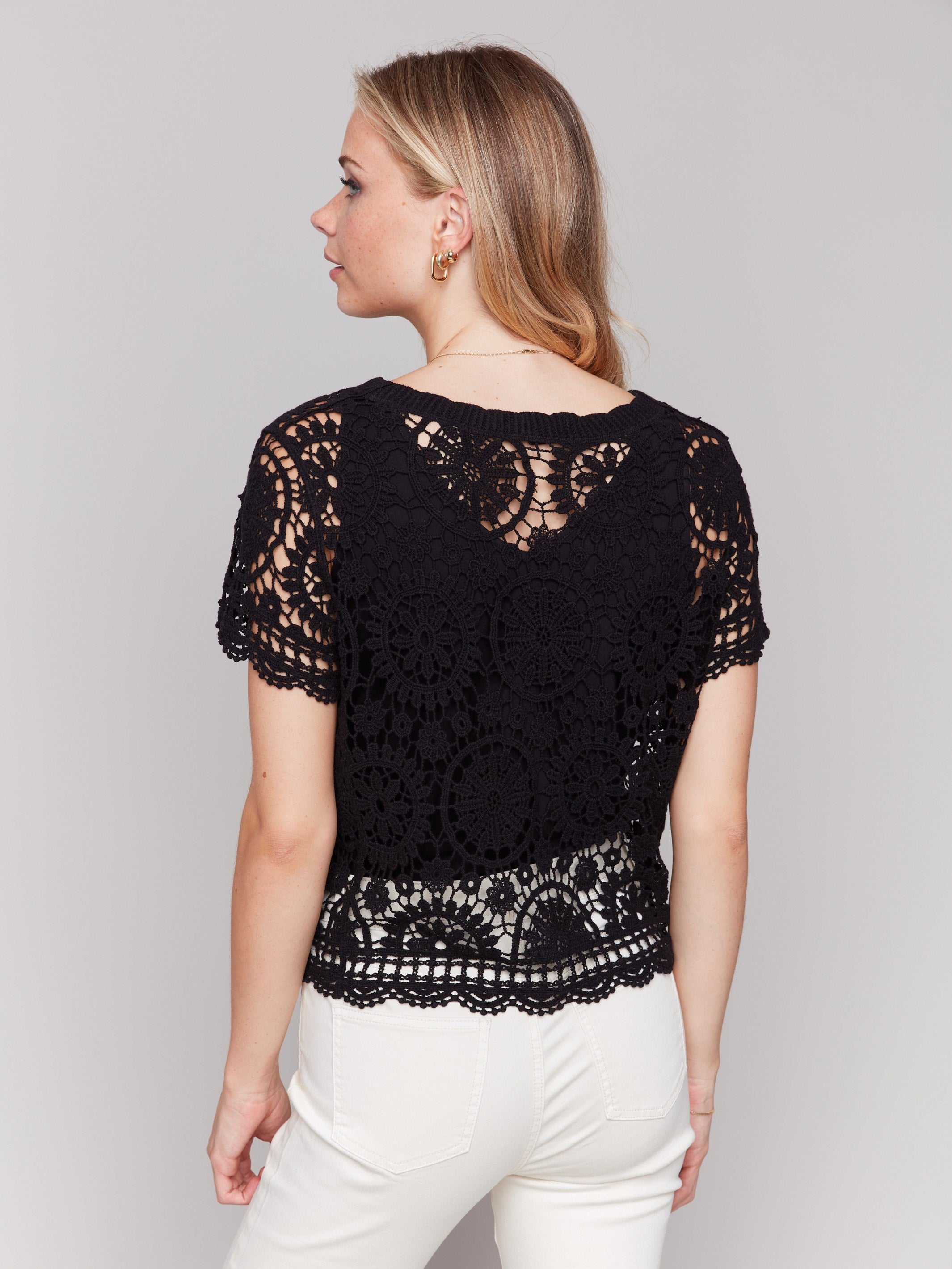 Chic button front black bolero with short sleeves by Charlie B.