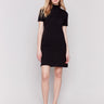 Black short-sleeve mock neck sweater dress with side slits by Charlie B.