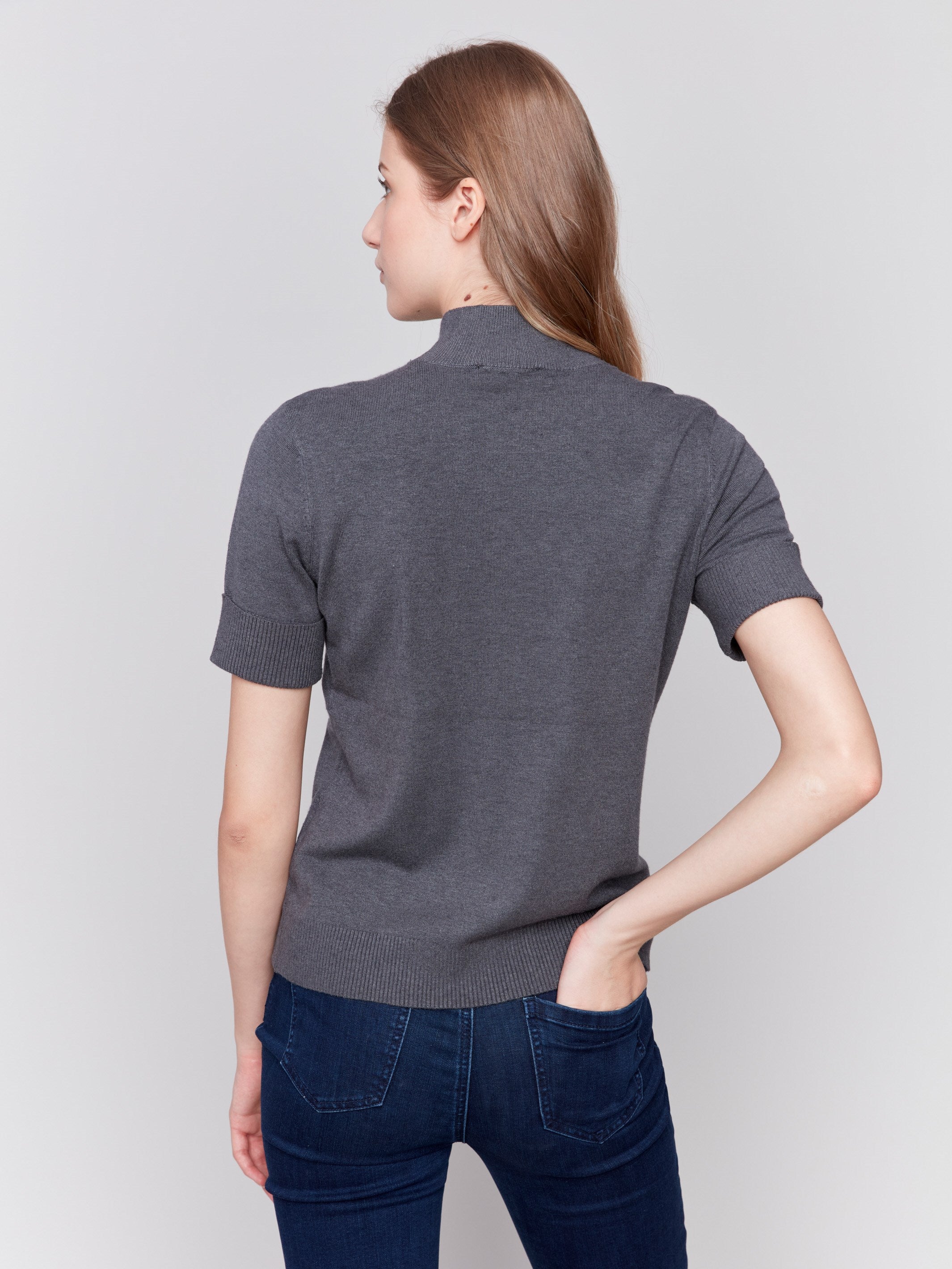 Heather charcoal short sleeve mock neck sweater with ribbed cuffs and hem by Charlie B.