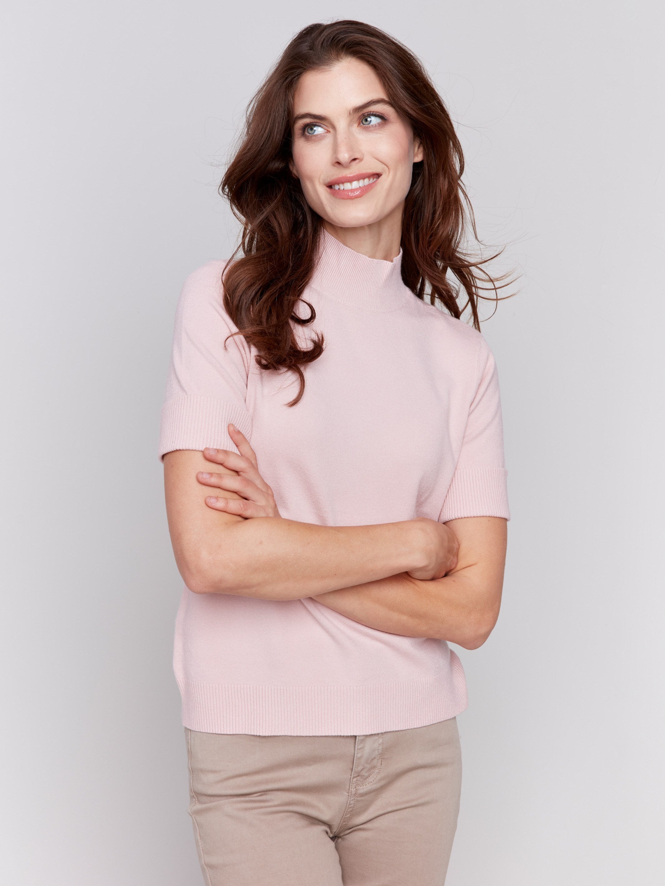 Heather quartz short sleeve mock neck sweater with ribbed cuffs and hem by Charlie B.