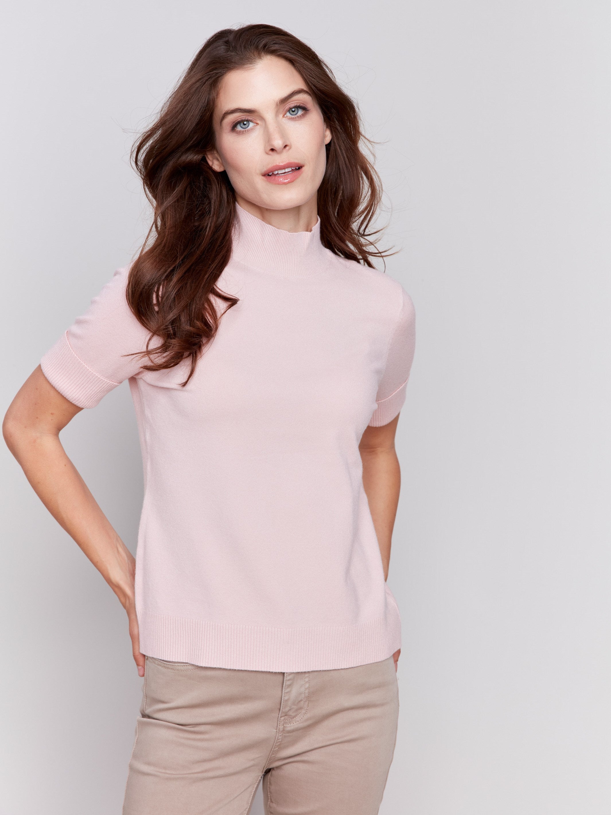 Heather quartz short sleeve mock neck sweater with ribbed cuffs and hem by Charlie B.