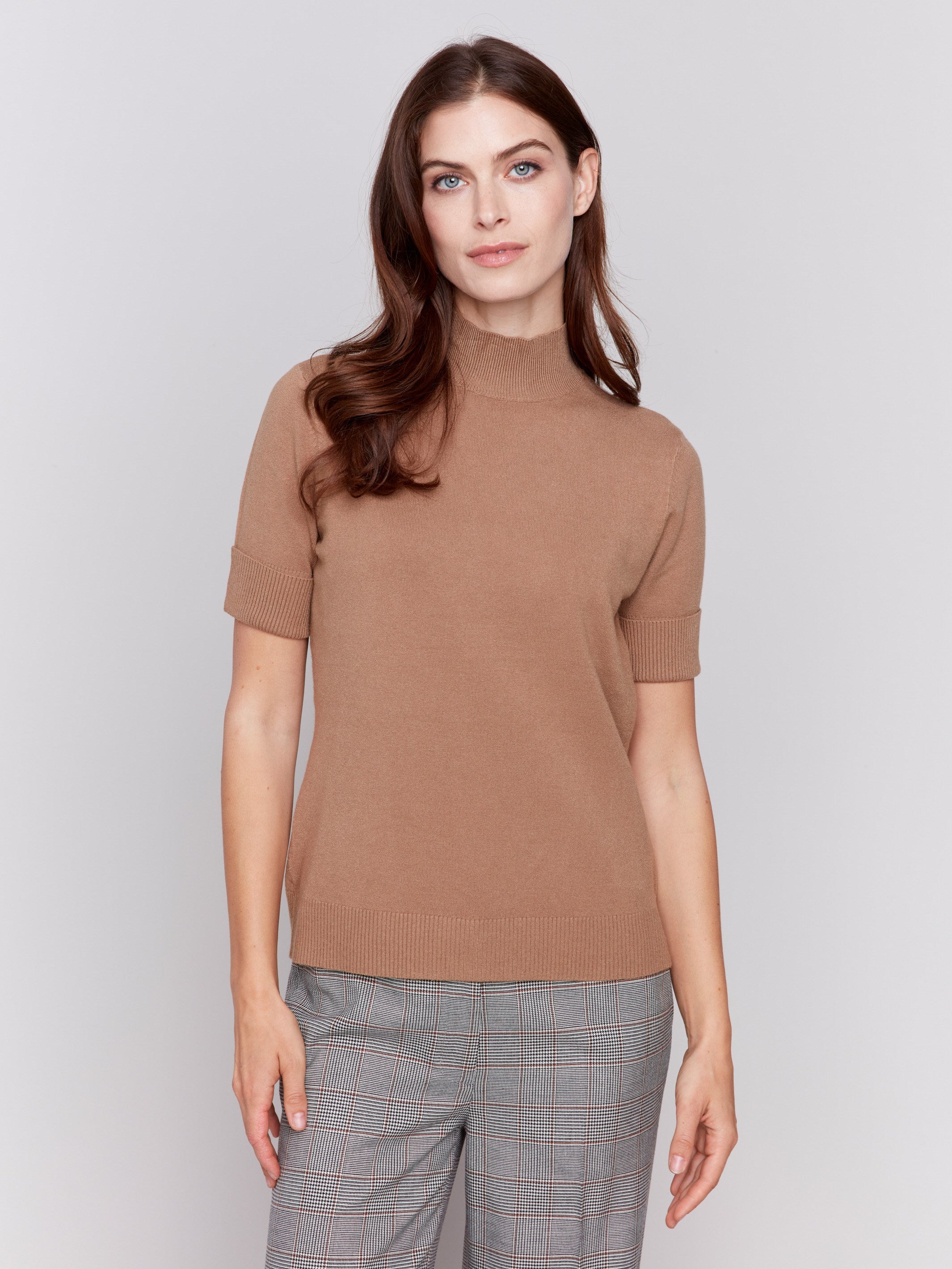 Truffle short sleeve mock neck sweater with ribbed cuffs and hem by Charlie B.