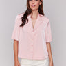 Guava satin shirt with a tailored collar and button-up design by Charlie B.