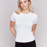 White short-sleeved super stretch top with a crew neckline, showcasing a slim fit design by Charlie B.