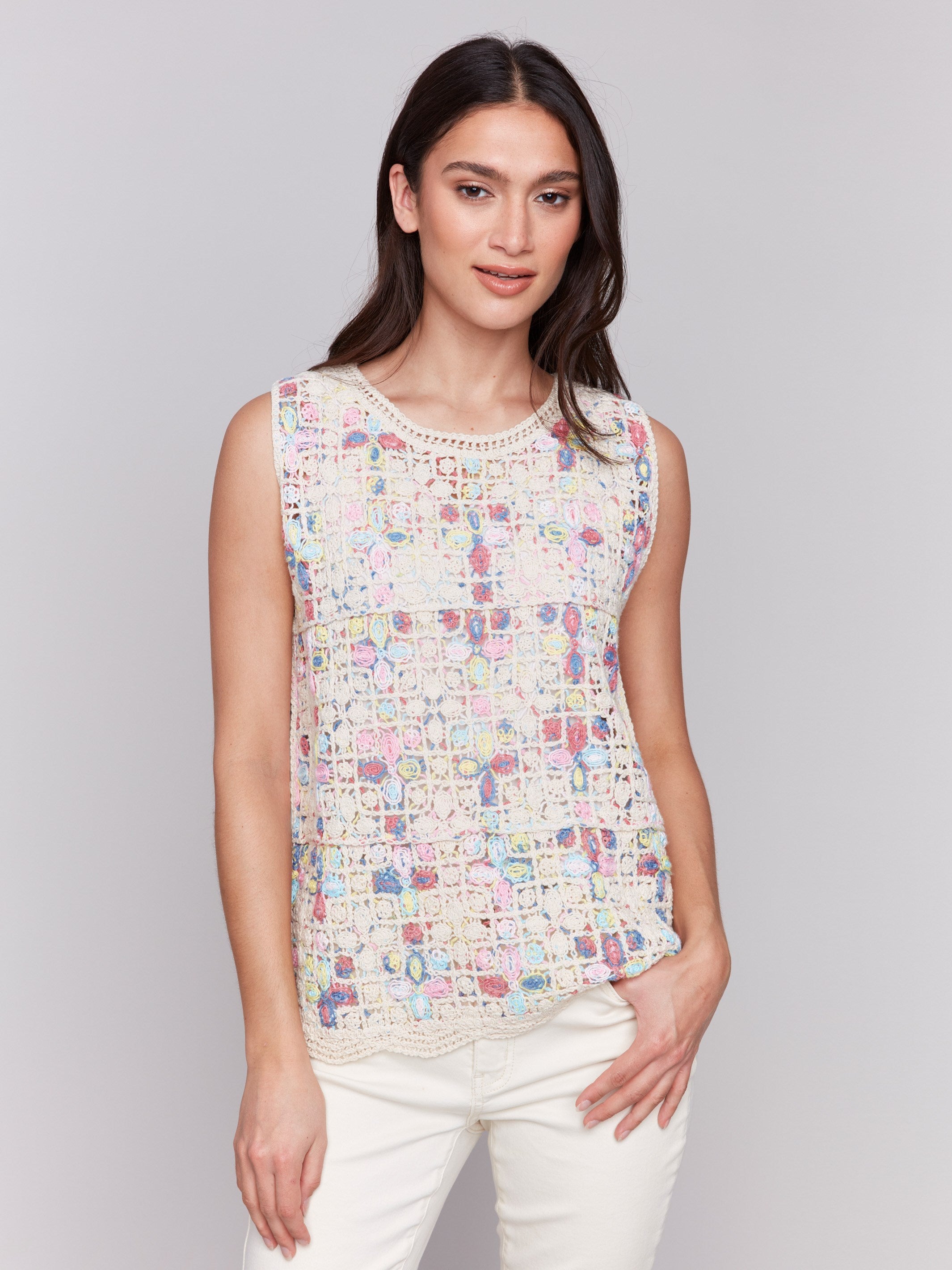 100% cotton crochet top with a colorful design by Charlie B.