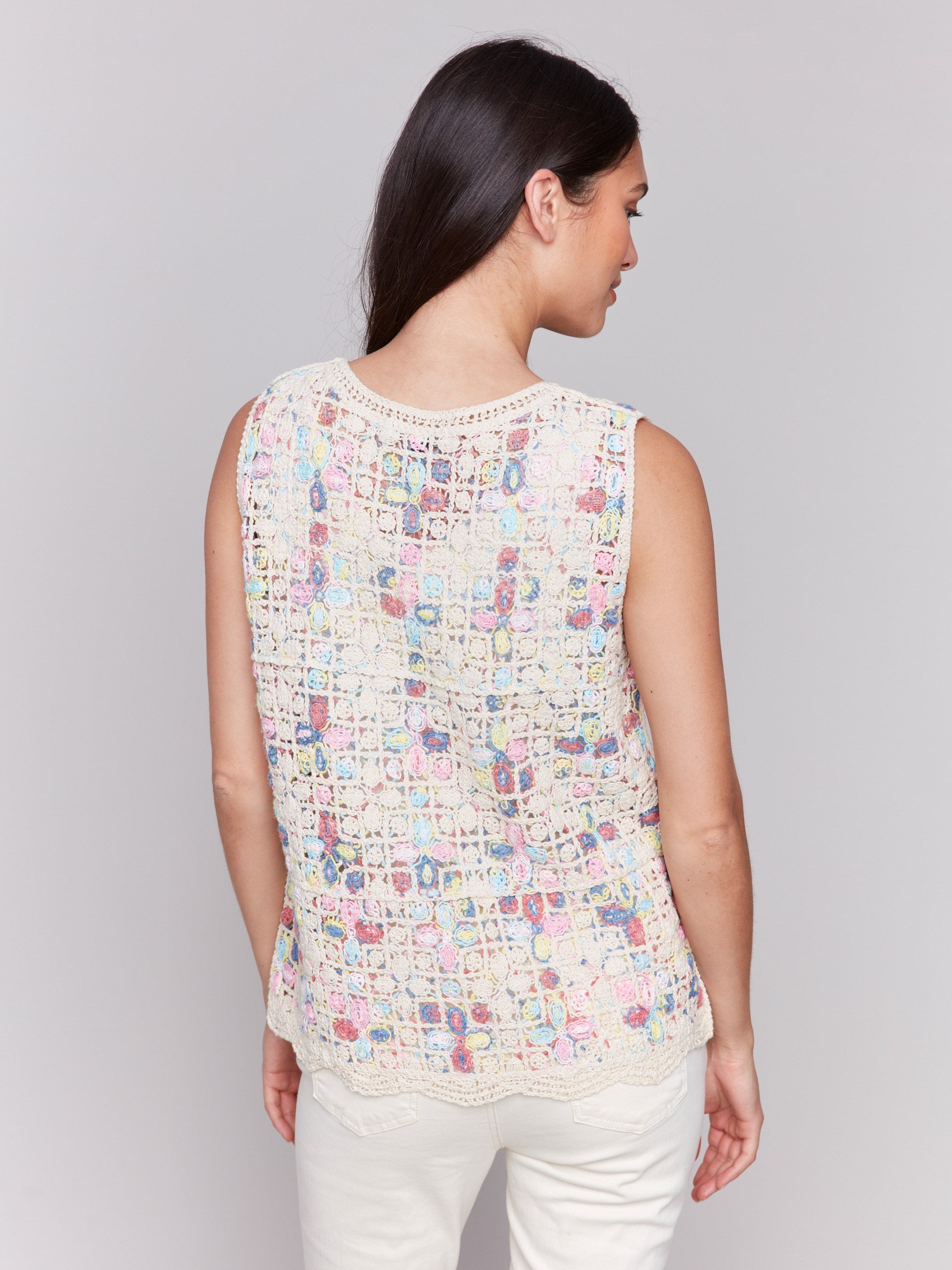 Natural crochet top featuring an abstract design by Charlie B.