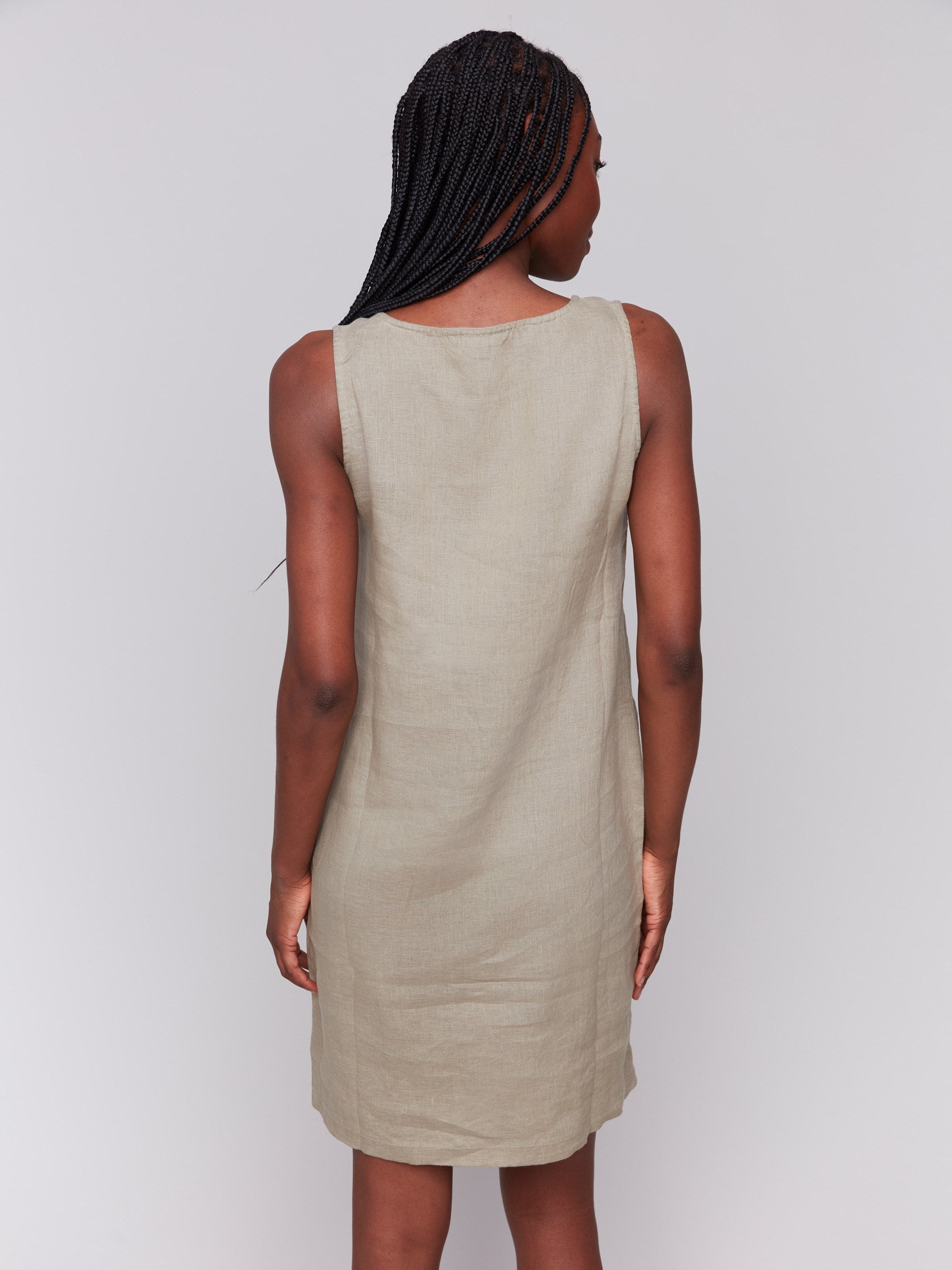 Stylish sleeveless design in celadon linen by Charlie B.