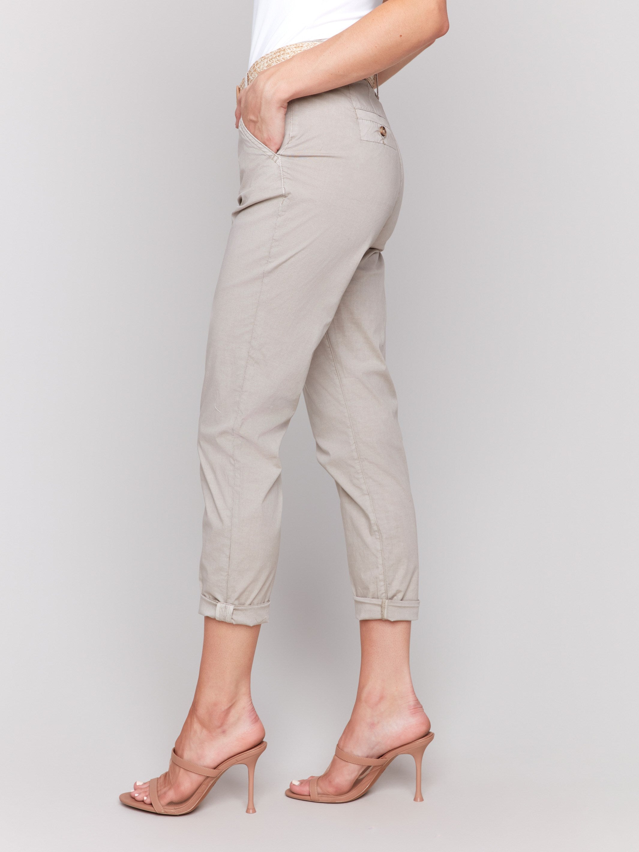 Stylish greige pants featuring a regular rise and slim leg for a modern look by Charlie B.