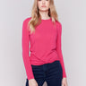 Magenta pink long-sleeve jersey top featuring a crew neckline and a unique front knot detail by Charlie B.