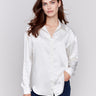 Ecru white solid satin button-down shirt with long sleeves, shirt collar, and a smooth finish by Charlie B.