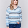 Frost-colored sweater with a subtle V-neck and a striped pattern made of eyelash yarn by Charlie B.