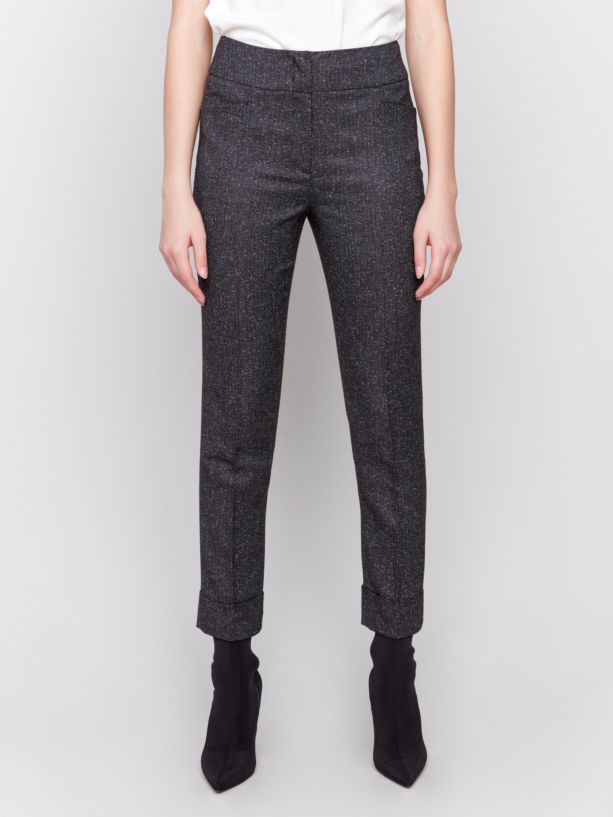 Speckled charcoal slim leg pants with a cuffed hem and a tailored fit by Charlie B.