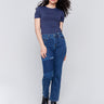 Indigo blue straight-leg jeans with patchwork design featuring front and back pockets by Charlie B.