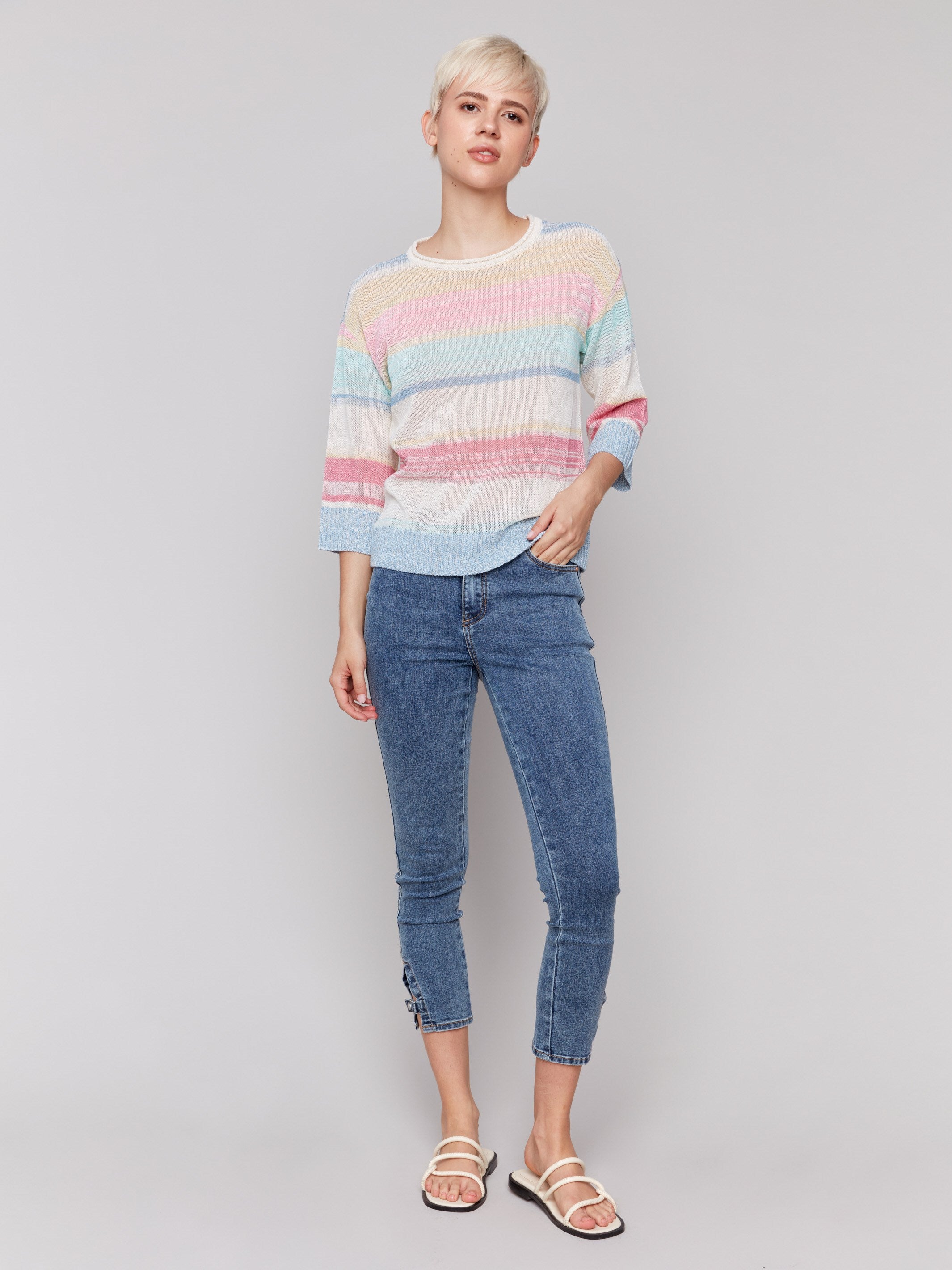 Elegant crew neckline sweater in pastel hues by Charlie B.