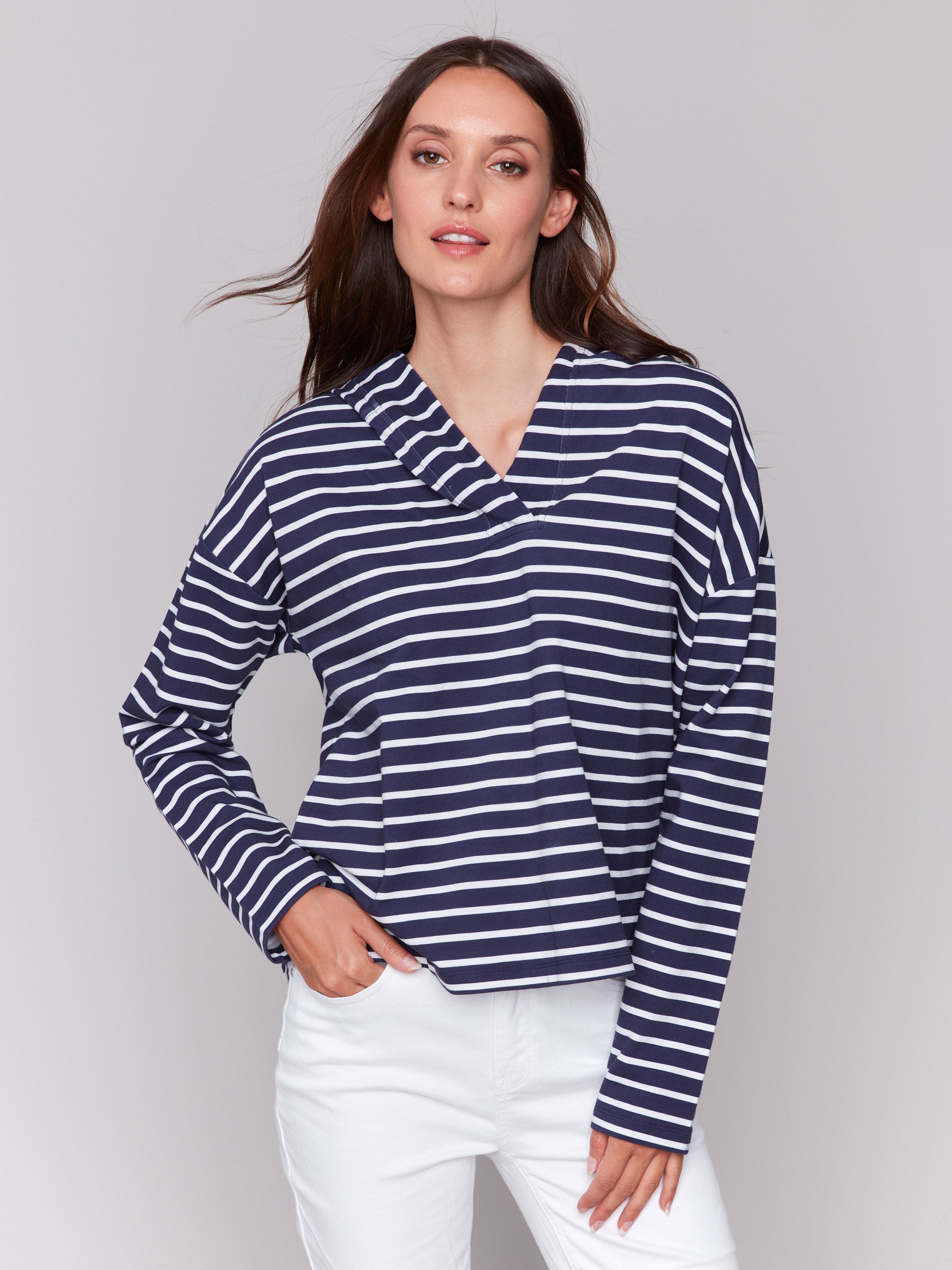 Navy hoodie with a striped pattern and drop shoulder design by Charlie B.