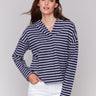 Navy hoodie with a striped pattern and drop shoulder design by Charlie B.