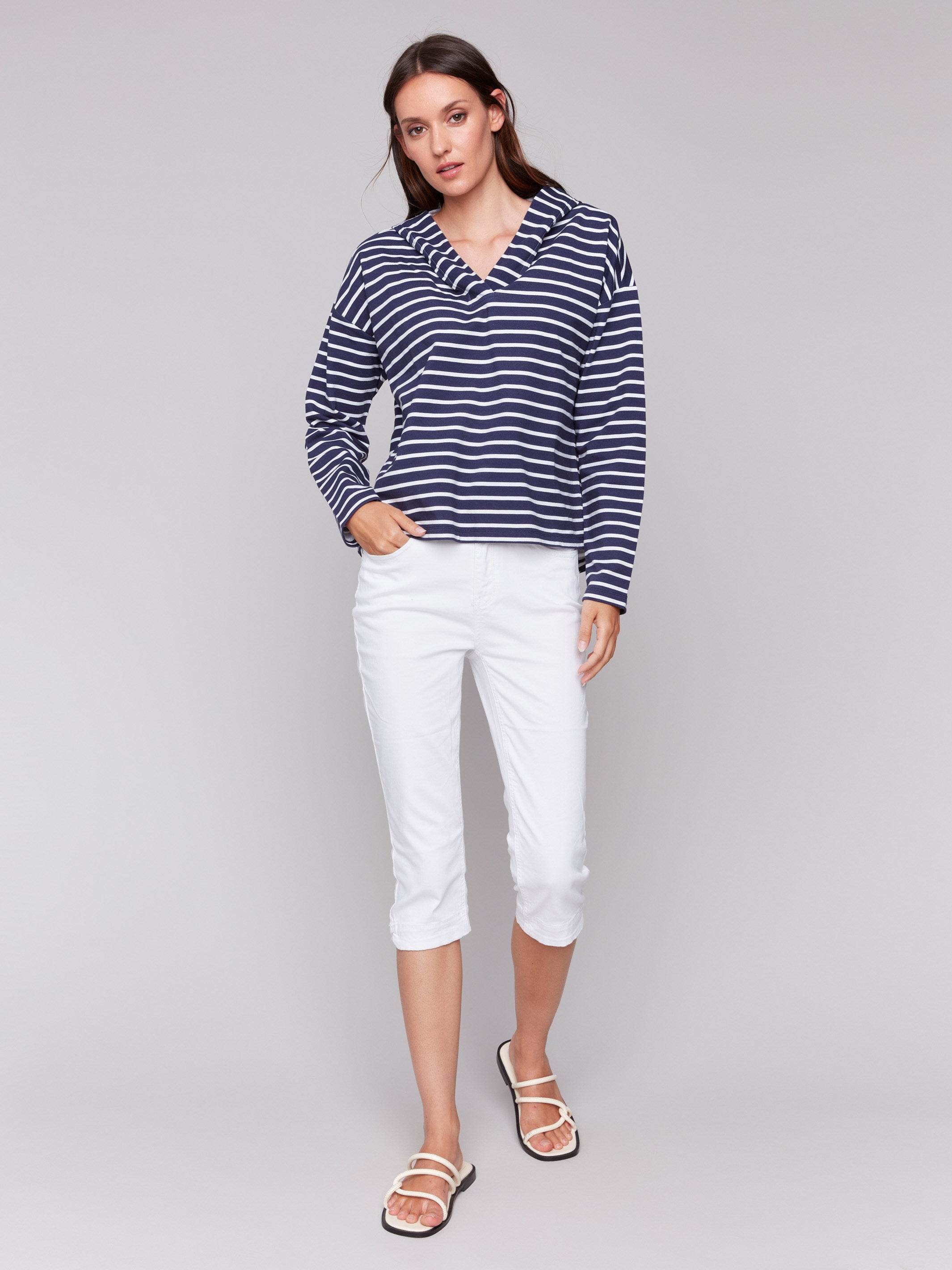 Stylish navy and white stripes with 3/4 sleeves by Charlie B.