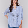 Blue striped blouse with a front tie and floral print overlay, featuring 3/4 sleeves by Charlie B.