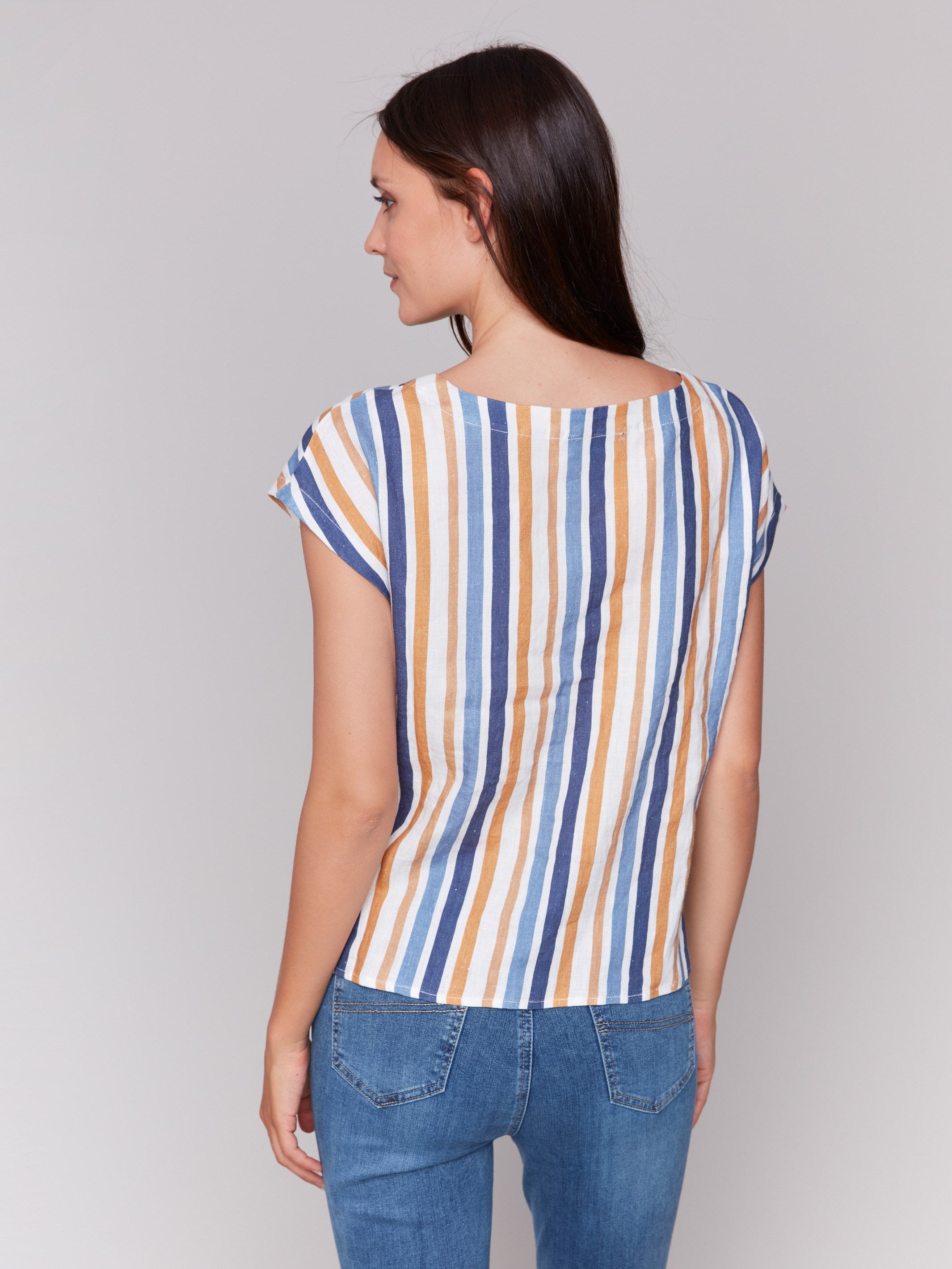 Cap sleeve design on a striped linen blend blouse by Charlie B.