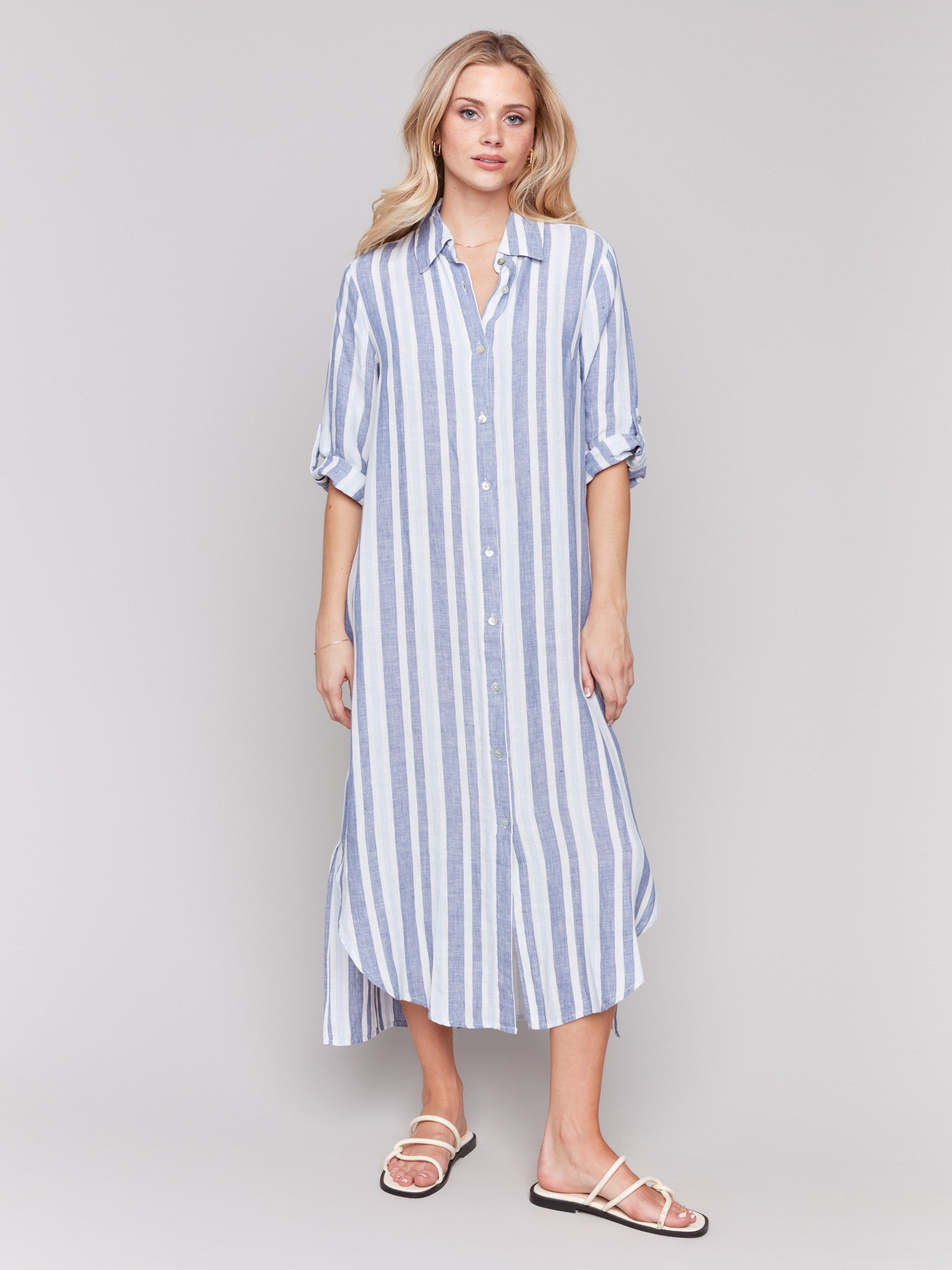 Maxi length tunic dress with blue and white stripes by Charlie B.