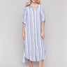 Maxi length tunic dress with blue and white stripes by Charlie B.