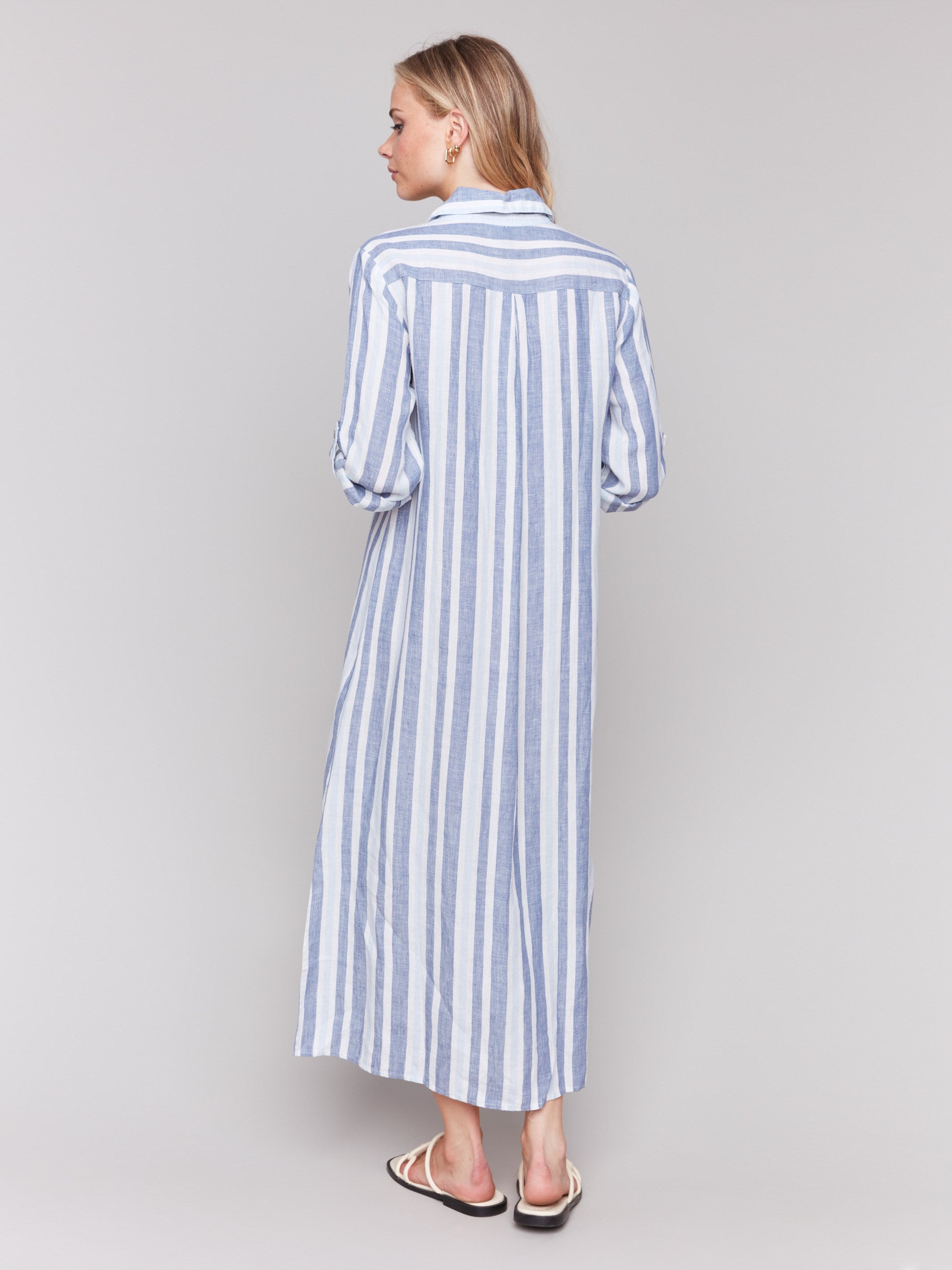 Button-front design enhances this striped linen-blend dress by Charlie B.