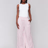 Women's pants with a smocked waistband in light fabric and pink stripes by Charlie B.