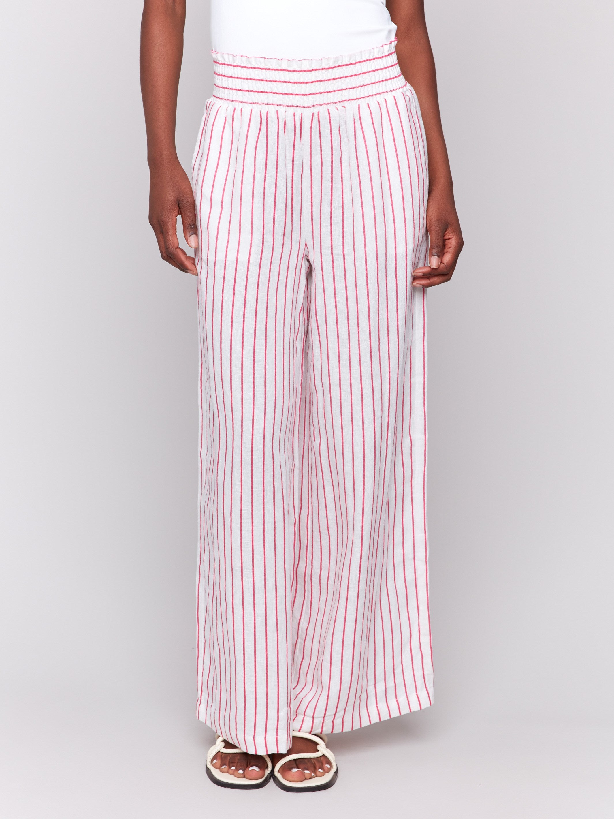 Pull-on style pants with pink stripes and wide-leg design by Charlie B.